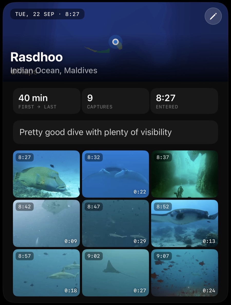 A dive in the MadiCam gallery: Rasdhoo, Indian Ocean, Maldives.
             40 minutes first to last, 9 captures, entered at 8:27, a note that
             reads 'Pretty good dive with plenty of visibility', and a grid of
             the dive's photos and clips with their times.